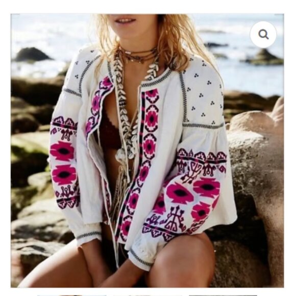 Free People Jackets & Blazers - Free People Linen Cotton Bohemian Embroidered Balloon Sleeve Cropped Jacket M